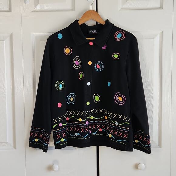 Onque Casuals Womens Black Top Size LG Button Front Shacket Artsy Teacher Unique - Picture 1 of 10